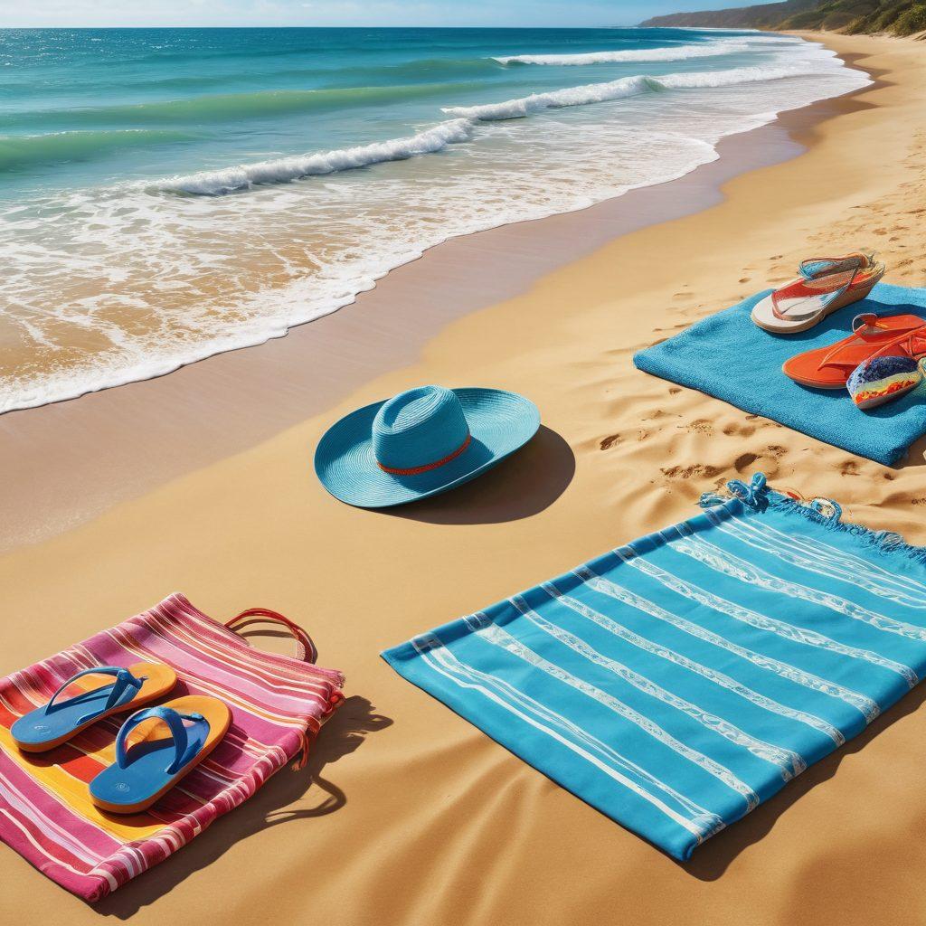 A vibrant beach scene showcasing an array of must-have accessories for aquatic adventures. Include colorful beach towels, stylish sunglasses, a wide-brimmed hat, waterproof bags, and fashionable flip-flops scattered on golden sand. In the background, clear blue waves gently crashing on the shore, with people enjoying the sun and surf. Bright and sunny atmosphere creating a lively summer vibe. super-realistic. vibrant colors.